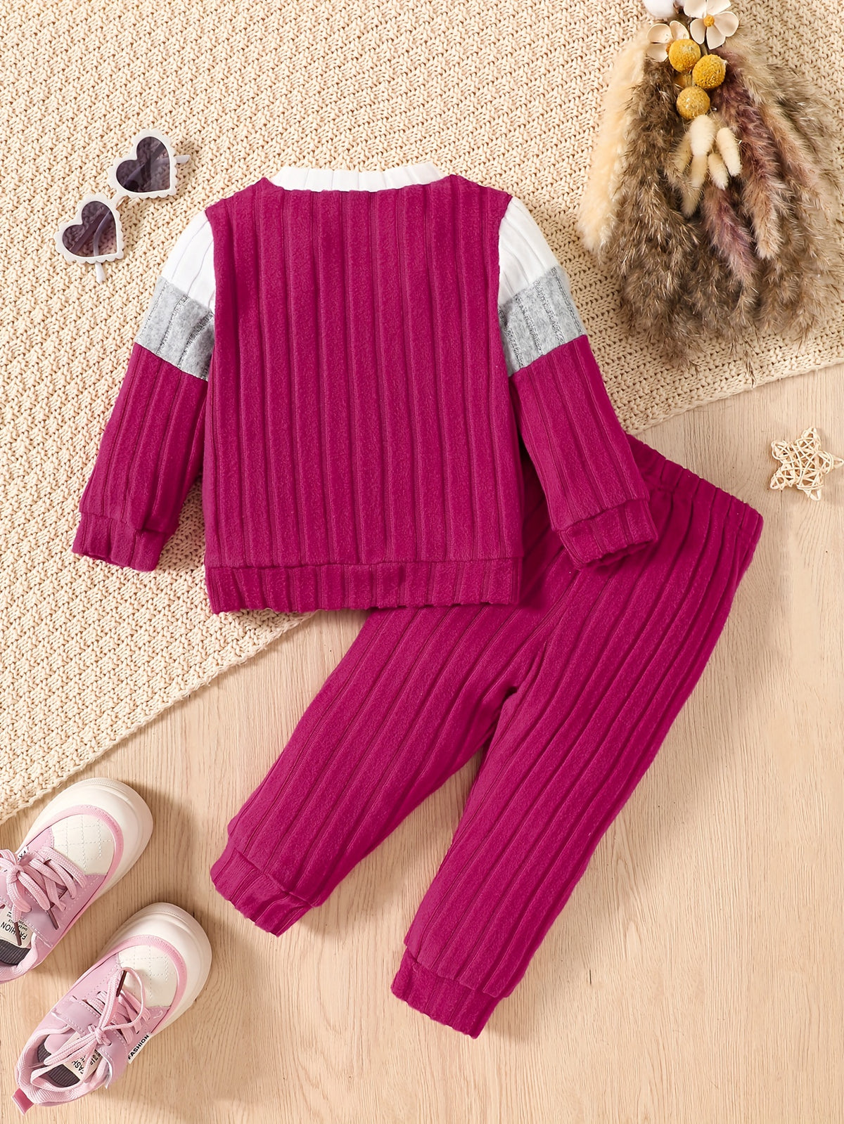 Casual Color Block Long Sleeve Top and Pants Set for Girls, Polyester Spandex Blend, Comfort Fit Layette for Fall/Winter - Ages 12 and Under, for Outdoor