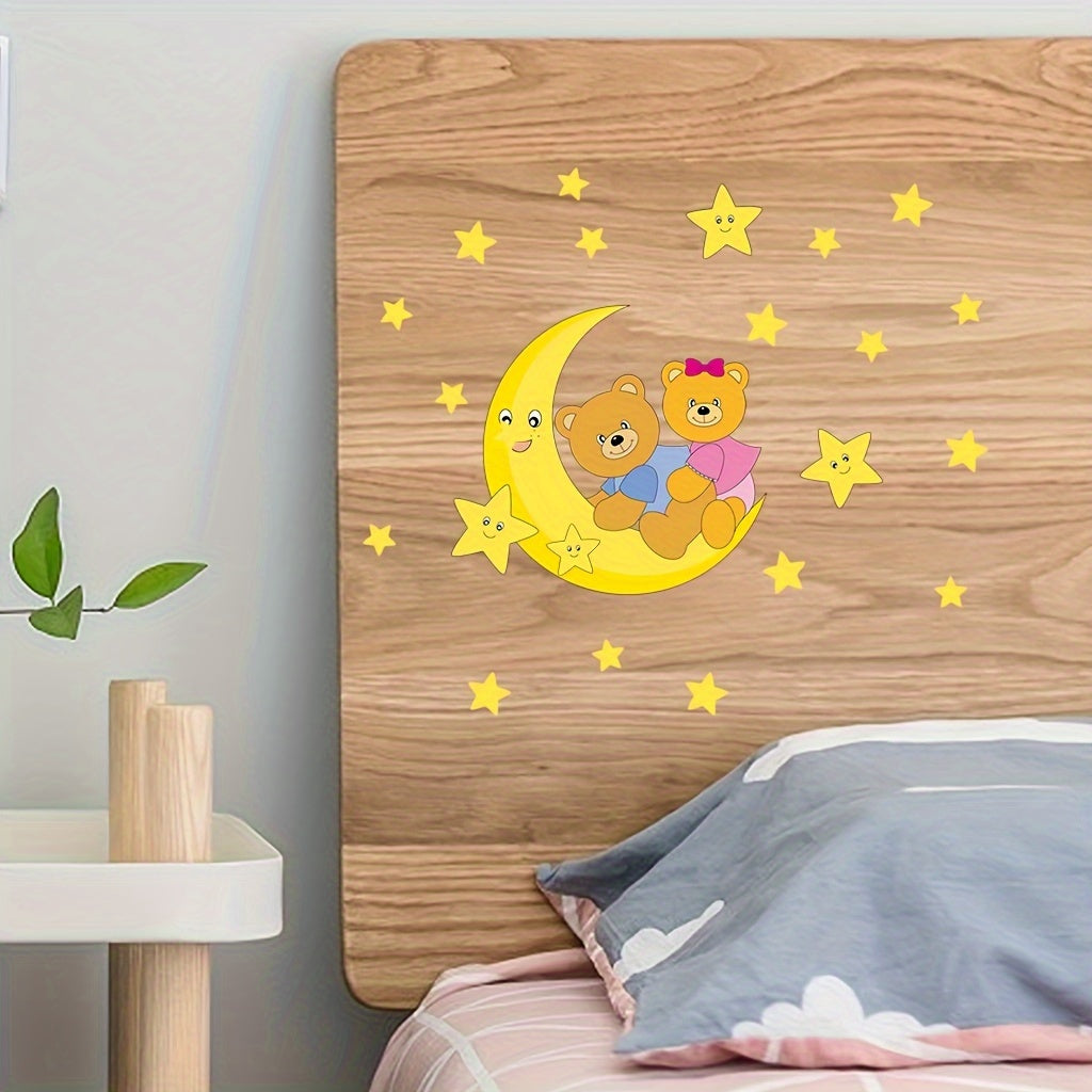 Glow-in-the-Dark Moon & Stars Bear Wall Decal - Removable PVC Sticker for Bedroom and Bathroom, 19.81cm x 19.81cm, Green