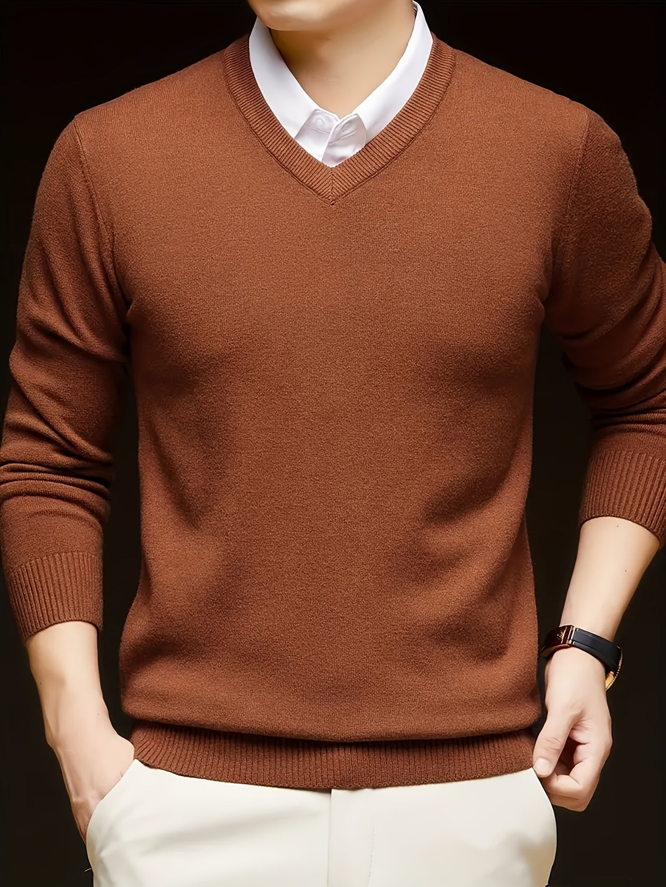 Men'S V-Neck Pullover Sweater, Rayon Blend Knitwear, Solid Color, Long Sleeve, Regular Fit, Stretch Fabric, for Daily & Casual Wear