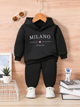 2pcs, MILANO & ITALY Print Baby Boy's Trendy Long Sleeves Hoodie + Long Pants Set, Comfy Outdoor Clothes For Fall Winter