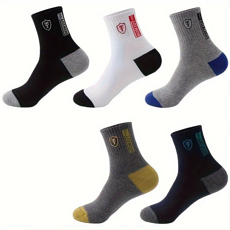 5 Pairs Of Men's Trendy Breathable Crew Socks, Comfy Casual Soft Thermal Socks, Winter & Autumn