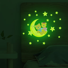 Glow-in-the-Dark Moon & Stars Bear Wall Decal - Removable PVC Sticker for Bedroom and Bathroom, 19.81cm x 19.81cm, Green