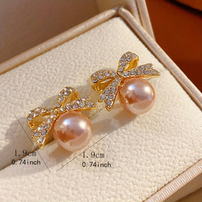 Delicate Bow With Imitation Pearl Design Stud Earrings Alloy Jewelry Embellished With Rhinestones Vintage Elegant Style Dating Earrings