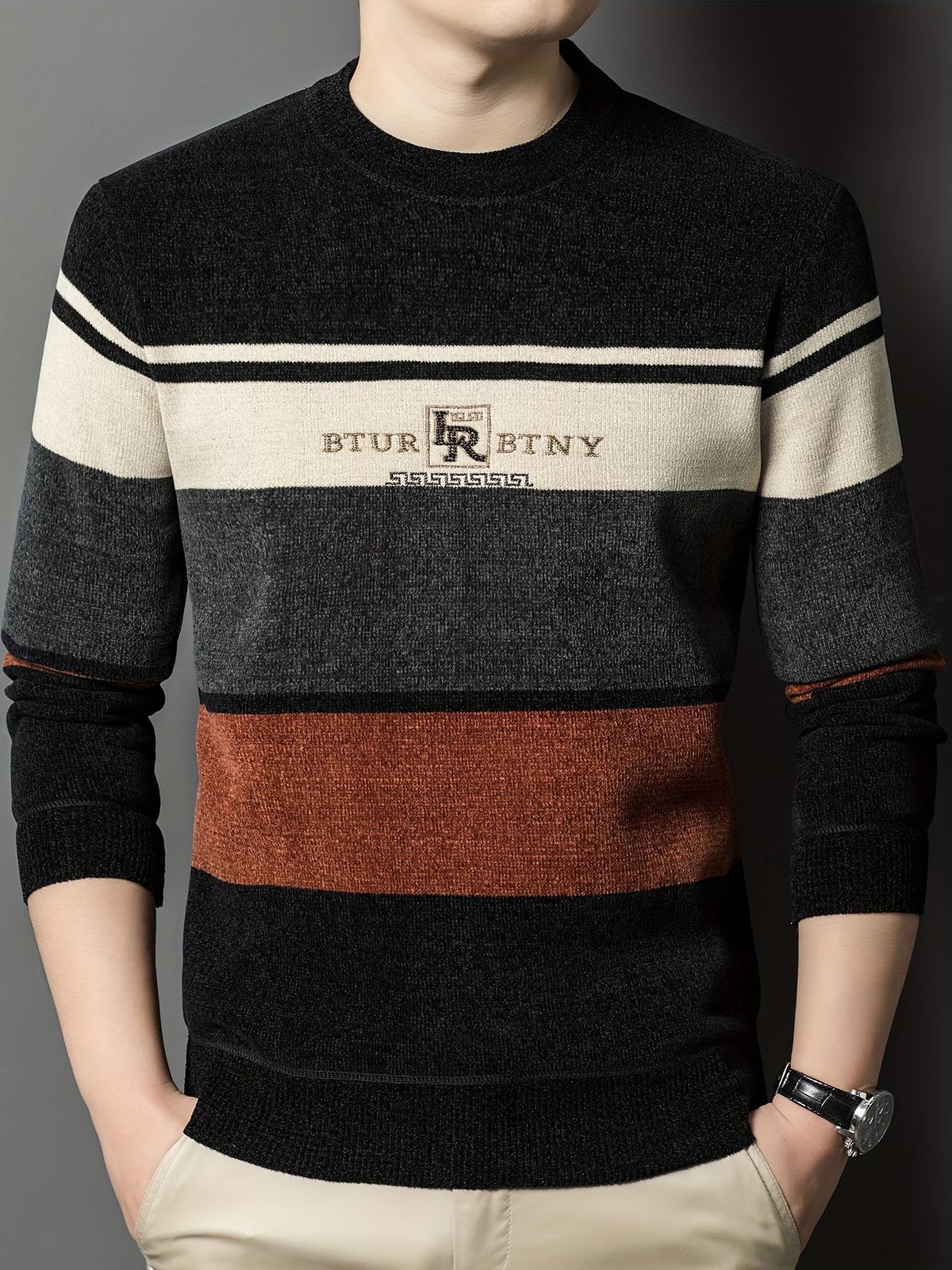 Men'S Winter Striped Crew Neck Sweater, Thickened Polyester, Casual Round Neck, Regular Fit, Long Sleeve, Knitted Pullover with Ribbed Hem and Cuffs, Fashionable Letter Pattern, Winter Warmth Top