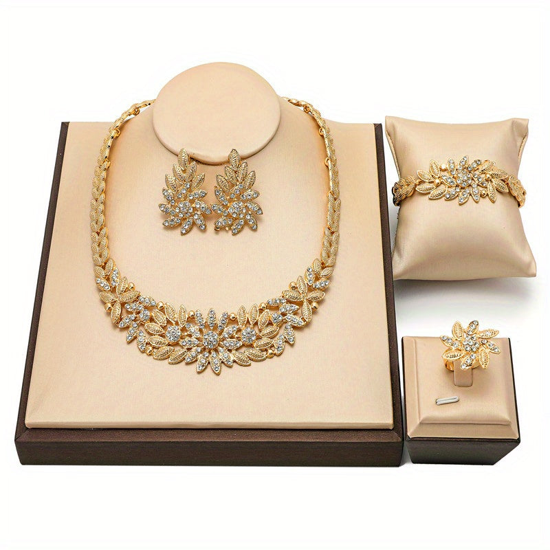 Elegant 5pcs Golden-Tone Jewelry Set for Women - Includes Necklace, Bracelet, Earrings, Ring with Sparkling Rhinestones - Perfect for Weddings & Special Occasions