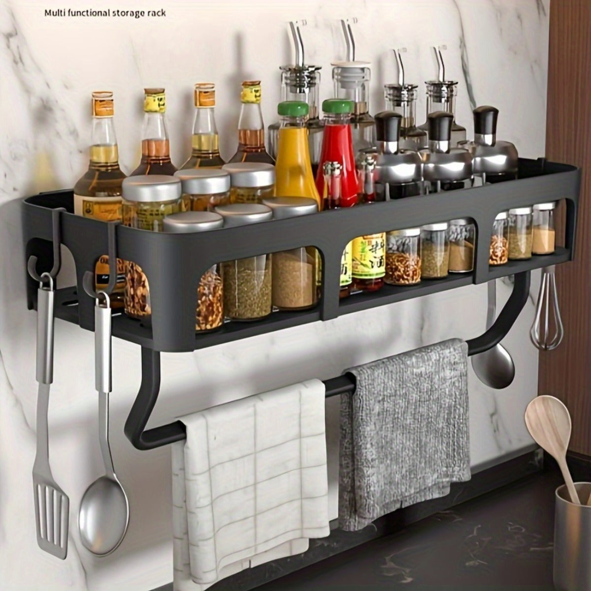 [Popular Choice] 1pc Multifunctional Wall-Mounted Kitchen Storage Rack with Hooks, Plastic, No Drilling Required, Space-Saving Organizer for Spices and Utensils