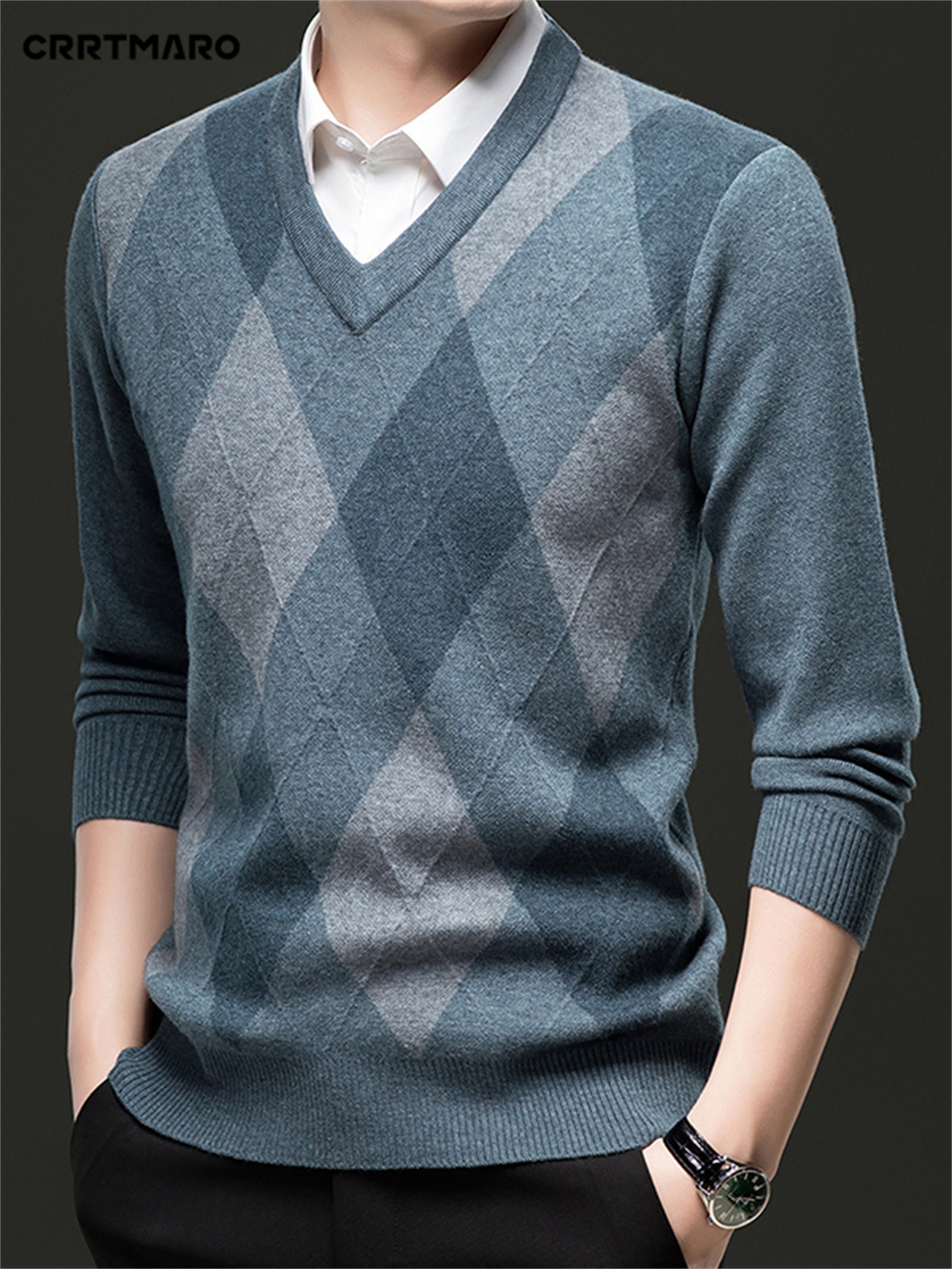 Men's V-Neck Color Block Sweater - Casual Long Sleeve, Loose Fit Pullover for Fall/Winter