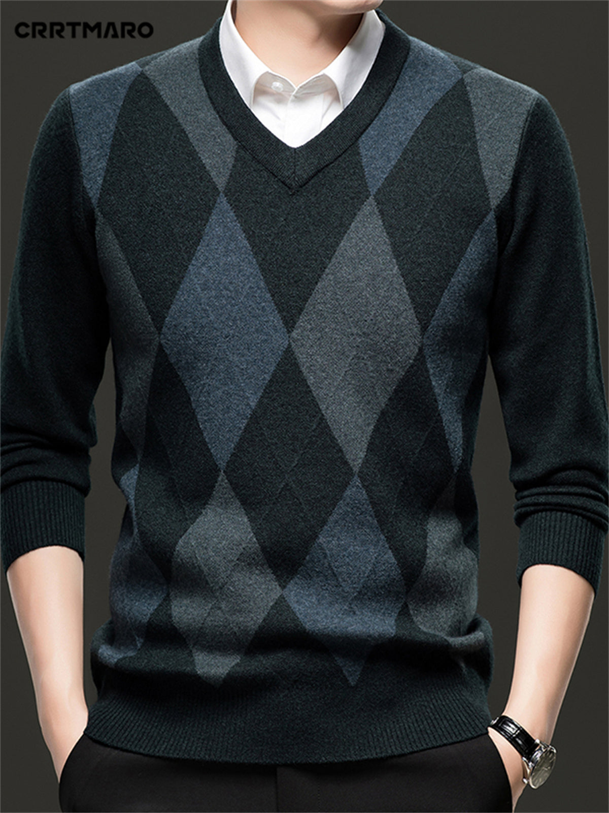 Men's V-Neck Color Block Sweater - Casual Long Sleeve, Loose Fit Pullover for Fall/Winter