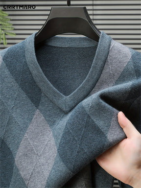 Men's V-Neck Color Block Sweater - Casual Long Sleeve, Loose Fit Pullover for Fall/Winter