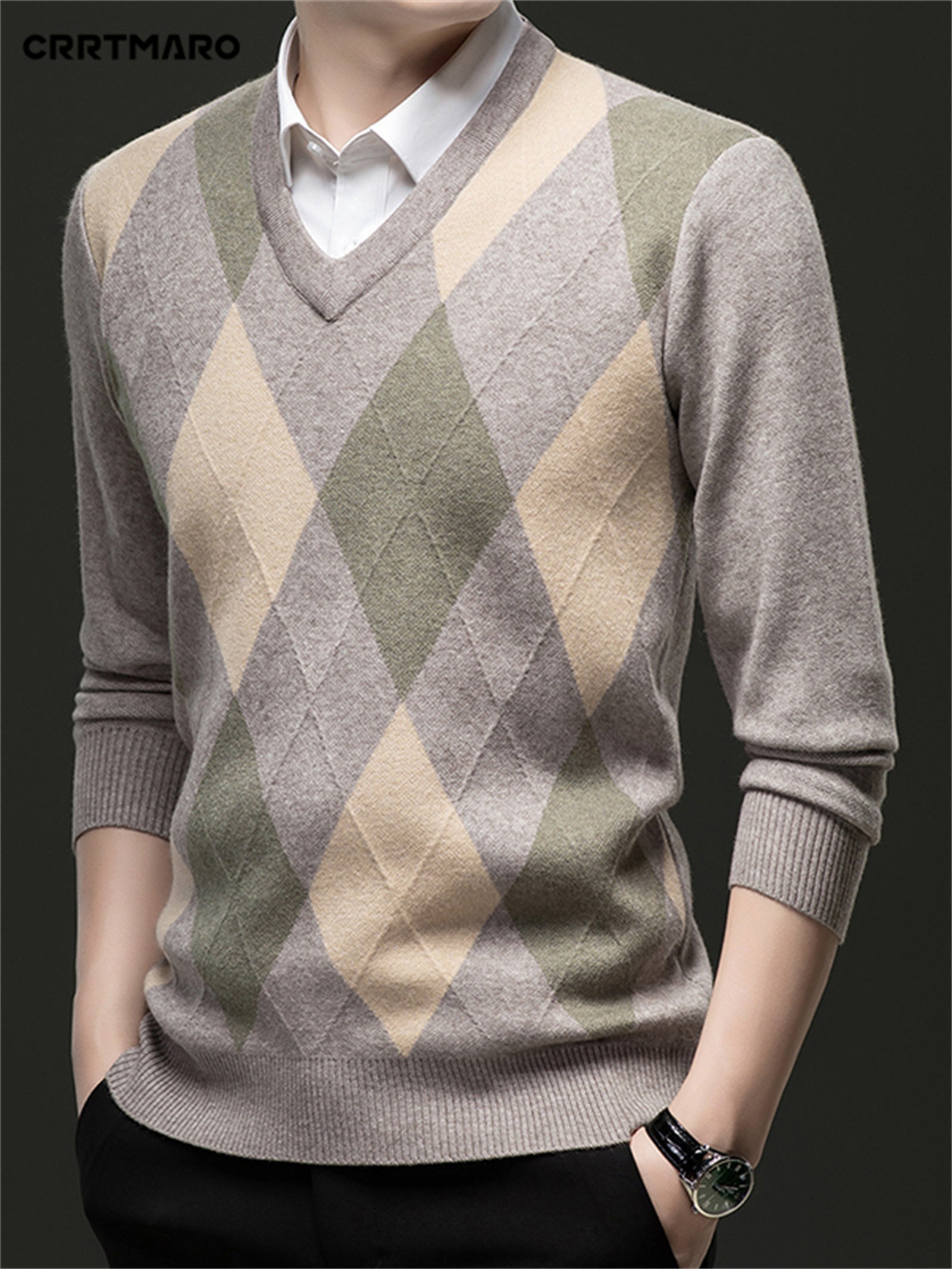 Men's V-Neck Color Block Sweater - Casual Long Sleeve, Loose Fit Pullover for Fall/Winter