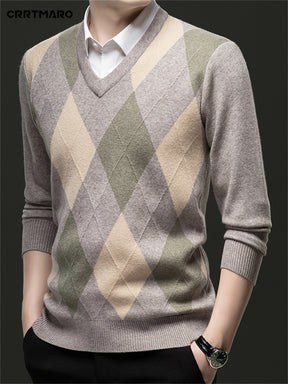 Men's V-Neck Color Block Sweater - Casual Long Sleeve, Loose Fit Pullover for Fall/Winter