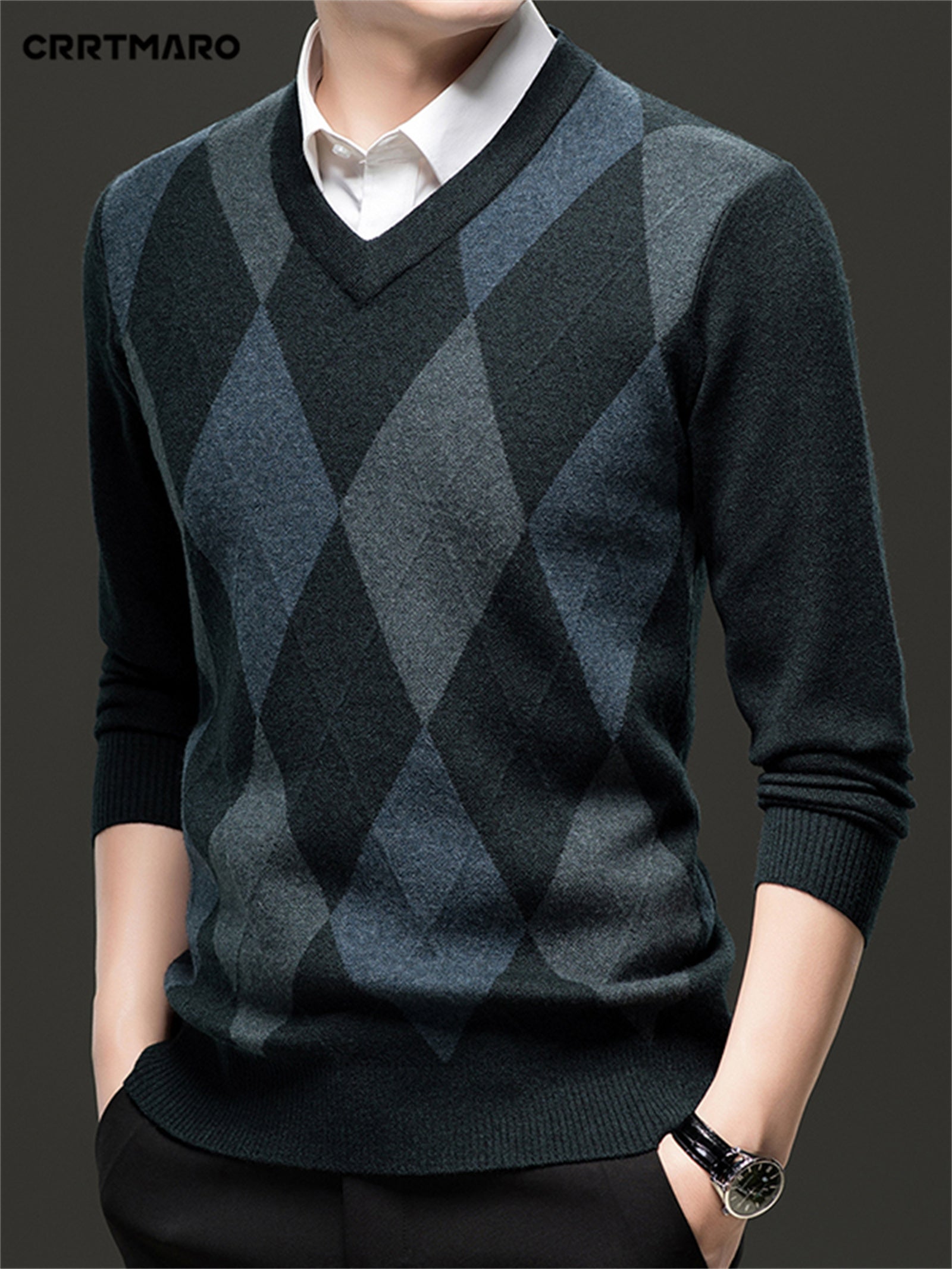 Men's V-Neck Color Block Sweater - Casual Long Sleeve, Loose Fit Pullover for Fall/Winter