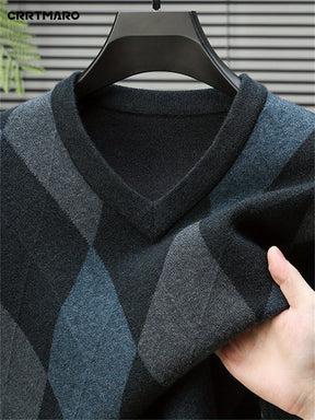 Men's V-Neck Color Block Sweater - Casual Long Sleeve, Loose Fit Pullover for Fall/Winter