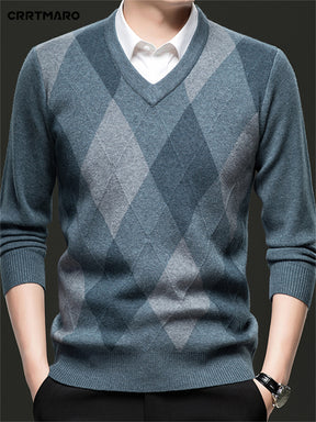 Men's V-Neck Color Block Sweater - Casual Long Sleeve, Loose Fit Pullover for Fall/Winter