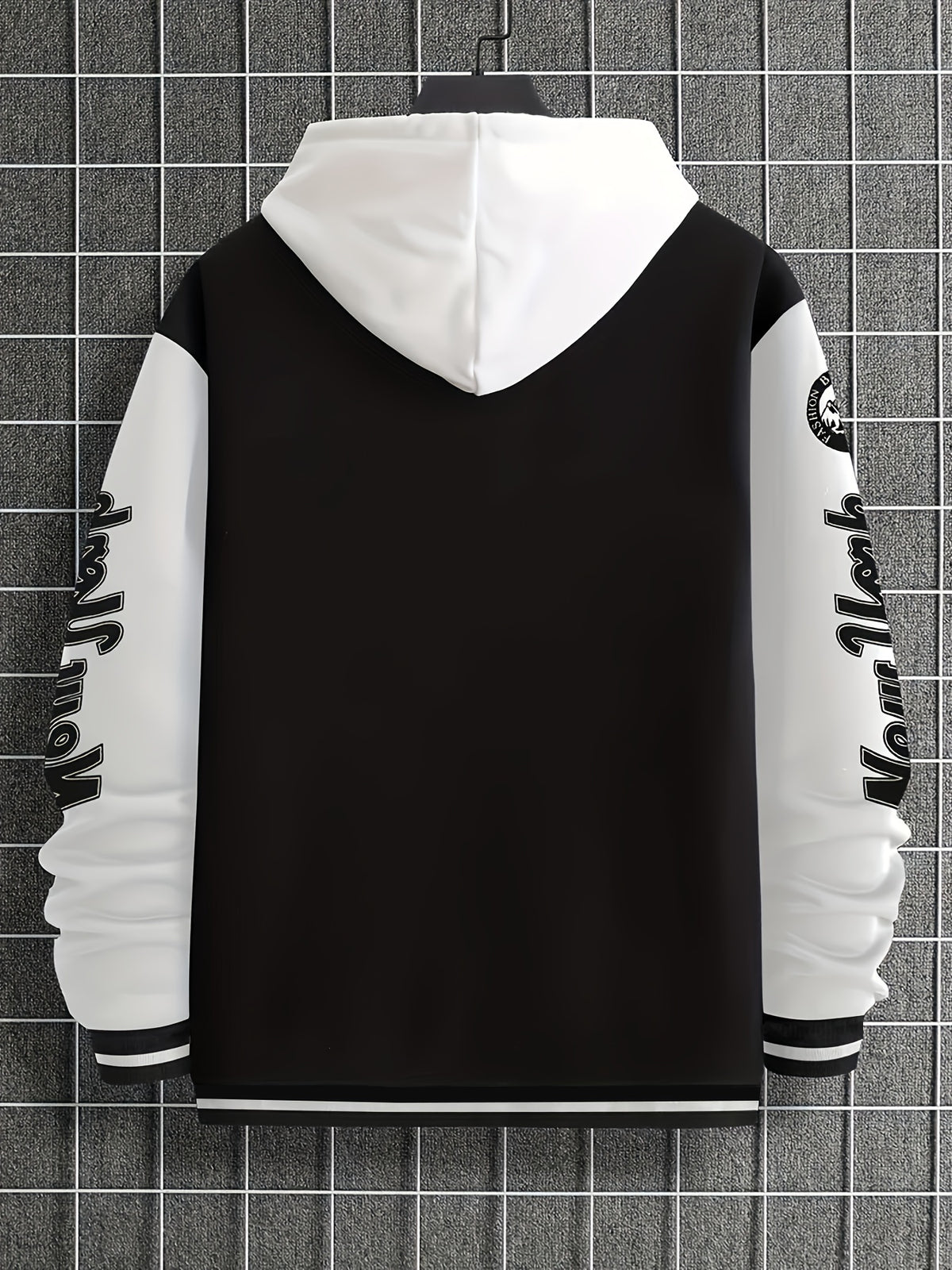 Plus Size Men's Casual Sports Jacket, Letter NY Pattern Color Block Black & White Varsity Style JACKET FOR FALL WINTER