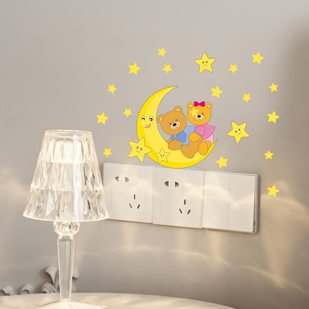 Glow-in-the-Dark Moon & Stars Bear Wall Decal - Removable PVC Sticker for Bedroom and Bathroom, 19.81cm x 19.81cm, Green