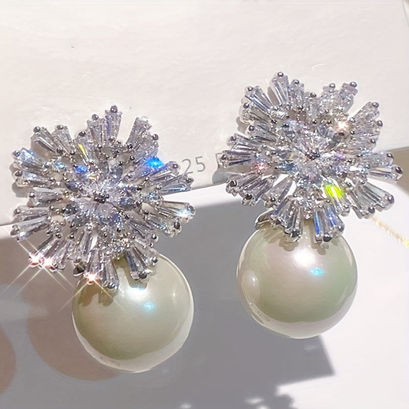 1 Pair of Luxurious Imitation Pearl & Rhinestone Snowflake Earrings - Sparkling, Stainless Steel Posts, Ideal for Summer Parties & Beach Vacations