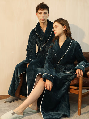 Autumn Winter Warm Long Thick Robe, Men's Simple Shawl Bathrobe With Double Side Pockets, V Neck Long Sleeve Sleepwear