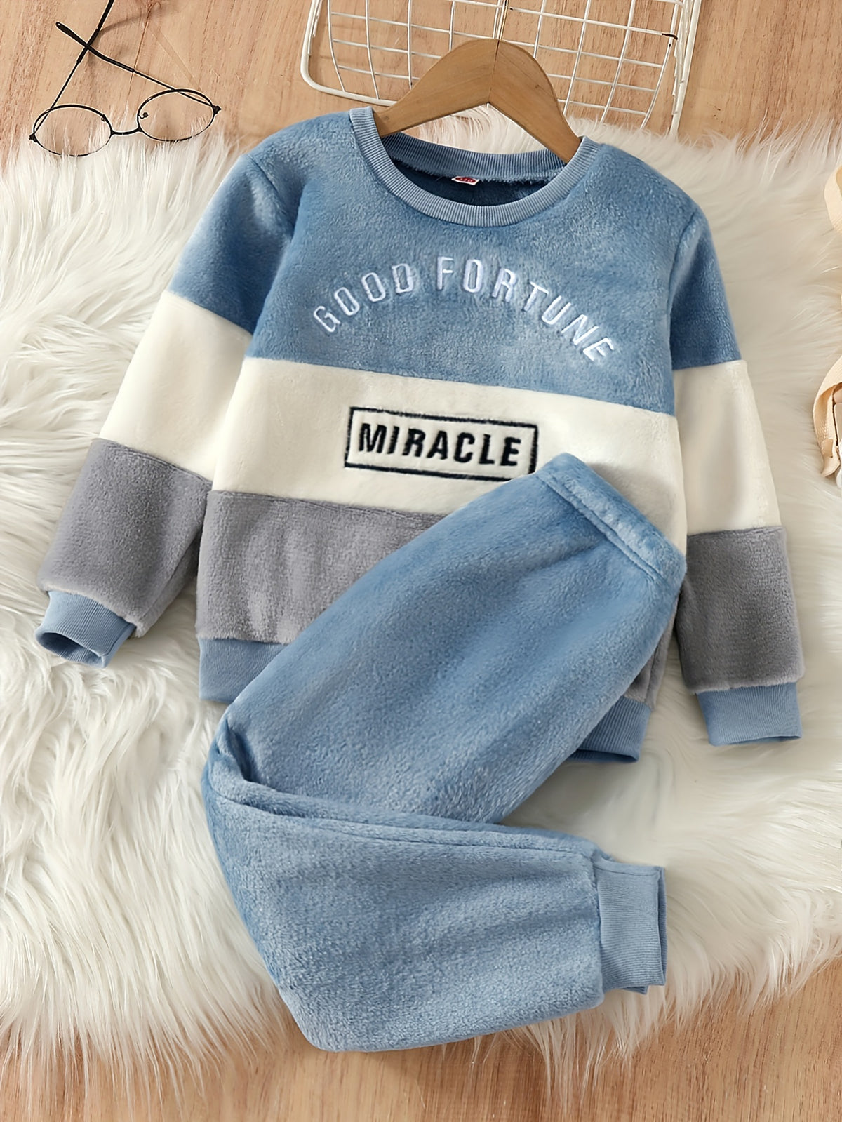 2pcs Boy's "Good Fortune Miracle" Embroidered Outfit, Fuzzy Fleece Sweatshirt & Pants Set, Casual Long Sleeve Top, Kid's Clothes For Spring Fall Winter Daily & Outdoor Wear, As Gift