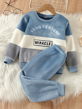 2pcs Boy's "Good Fortune Miracle" Embroidered Outfit, Fuzzy Fleece Sweatshirt & Pants Set, Casual Long Sleeve Top, Kid's Clothes For Spring Fall Winter Daily & Outdoor Wear, As Gift