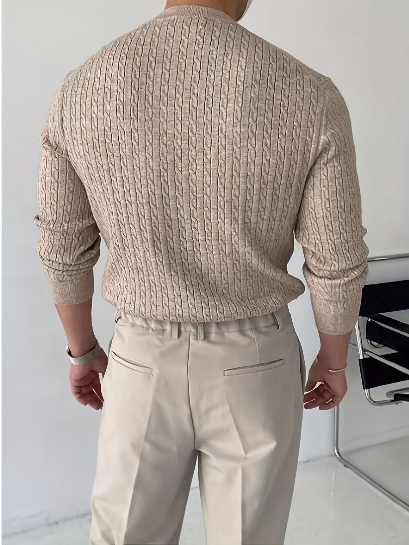 Men's 2024 New Fashion Crew Neck Knit Sweater, Viscose Blend Pullover With Cable Details, Regular Fit, Warm And Comfortable Top, Outdoor Cloth