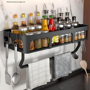 Easy-Install No-Drill Kitchen Storage Rack with Hooks - Multifunctional Wall-Mounted Organizer for Seasonings & Essentials, Durable Plastic, Space-Saving Design