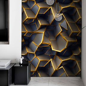 Vintage 3D Brick Wall Decal: Black and Golden Irregular Geometric Design - DIY, Waterproof, Easy to Clean, Suitable for Kitchen, Cabinets, Tables, Chairs, Room Backgrounds, and Refinishing - Self-Adhesive Wallpaper