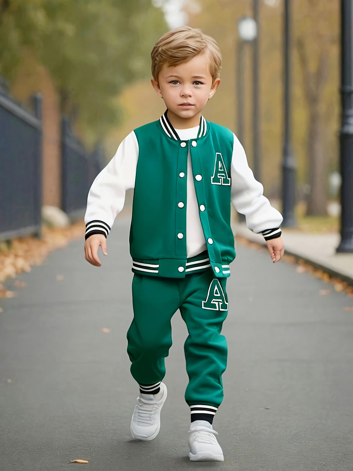 2pcs Boys' Casual Polyester Varsity Jacket and Joggers Set, Crew Neck, Slight Stretch Fabric, Alphabet Print, with Button Details, for Fall/Winter - Knit Polyester 95%, Spandex 5%, for Outdoor