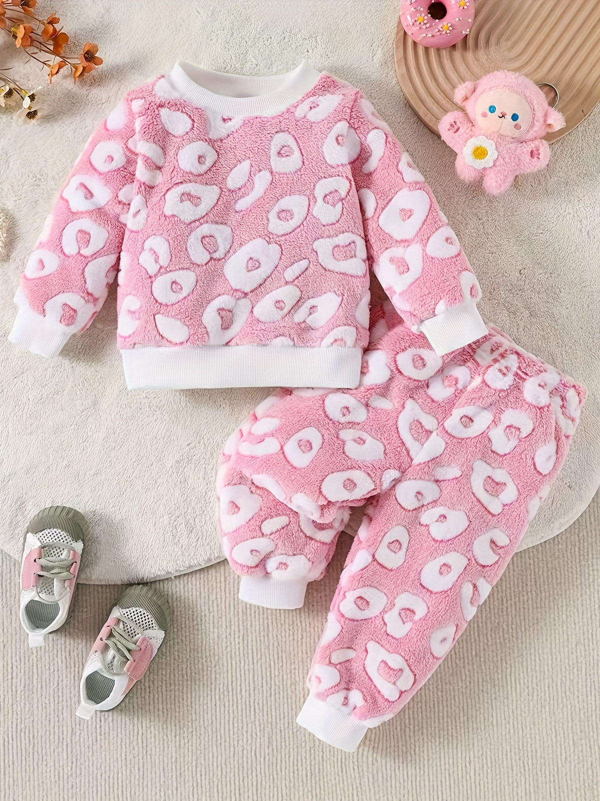 Girls' Pink Circle Pattern 2pcs Set, Fashionable Casual Plush Outfit, Long Sleeve Top & Pants, Spring/Autumn Wear, Stretchy Ribbed Detail, Slim Fit Knit Fabric, Polyester Blend, for Outdoor