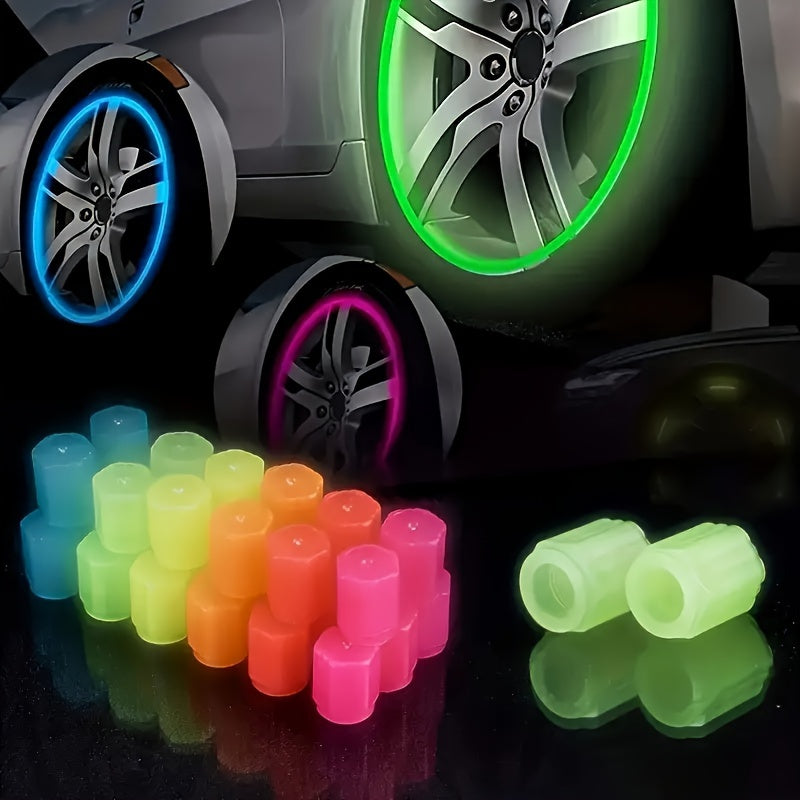 4pcs Fluorescent Car Tire Valve Stem Caps, Waterproof Glow-in-the-Dark PVC, Universal Fit, Assorted Colors, for Night Visibility and Protection