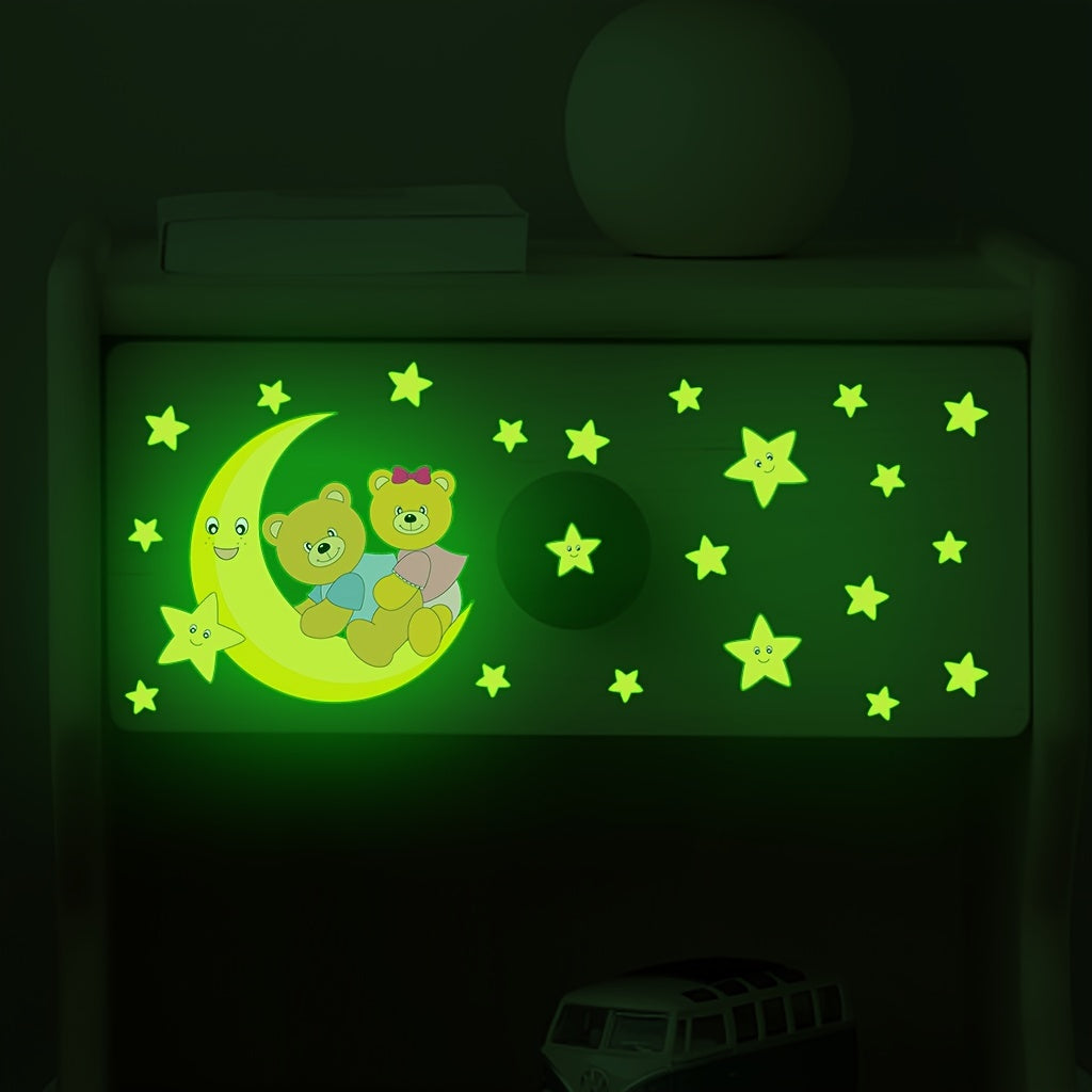 Glow-in-the-Dark Moon & Stars Bear Wall Decal - Removable PVC Sticker for Bedroom and Bathroom, 19.81cm x 19.81cm, Green