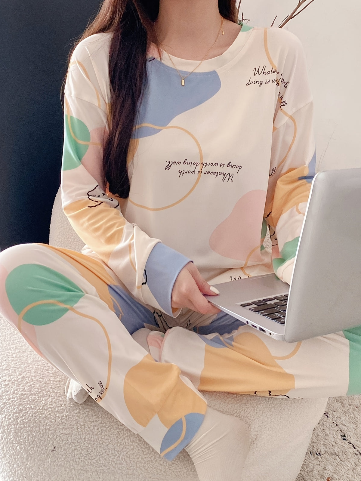 Cute Bear & Letter Print Pajama Set, Long Sleeve Crew Neck Top & Elastic Pants, Women's Sleepwear & Loungewear - Perfect For Fall