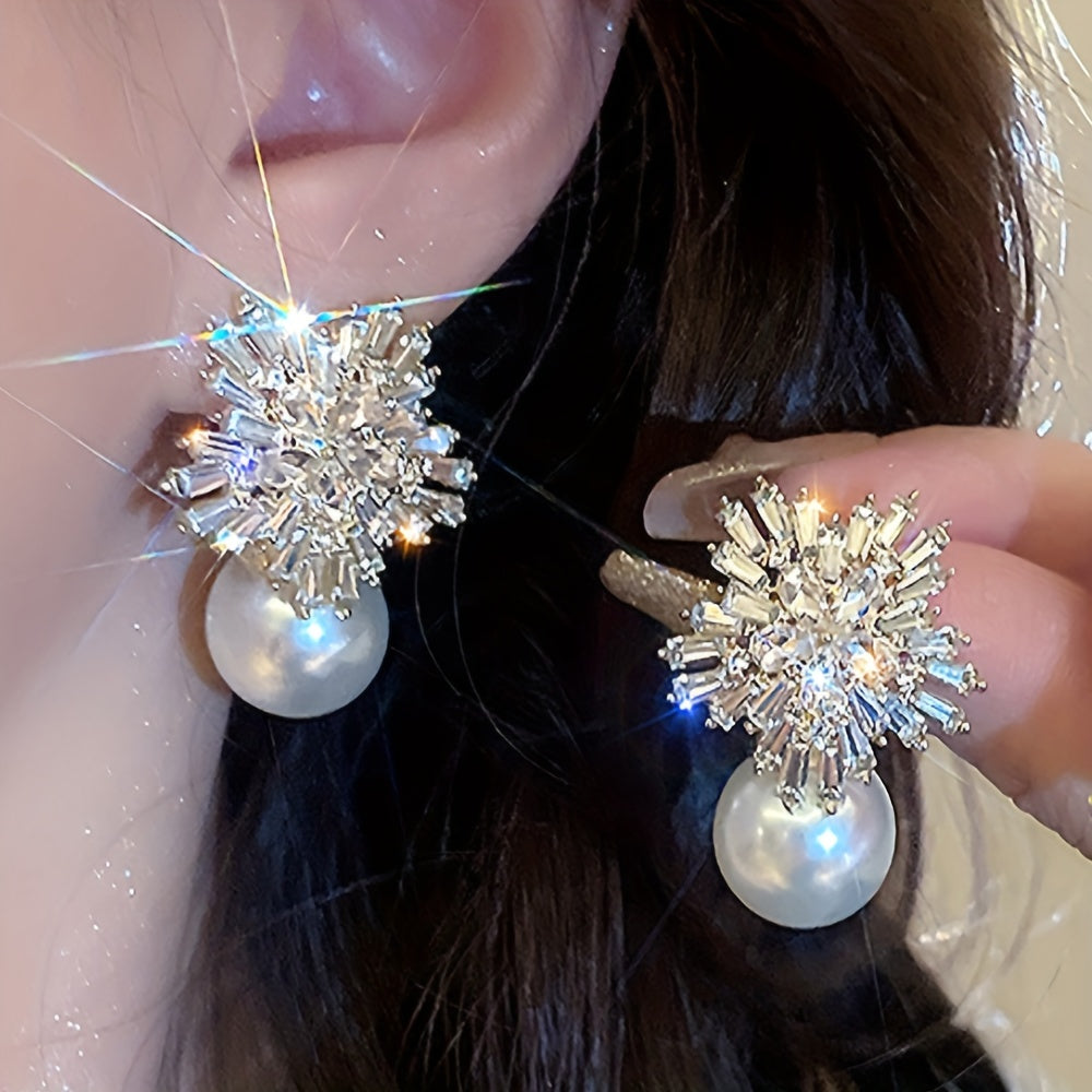 1 Pair of Luxurious Imitation Pearl & Rhinestone Snowflake Earrings - Sparkling, Stainless Steel Posts, Ideal for Summer Parties & Beach Vacations