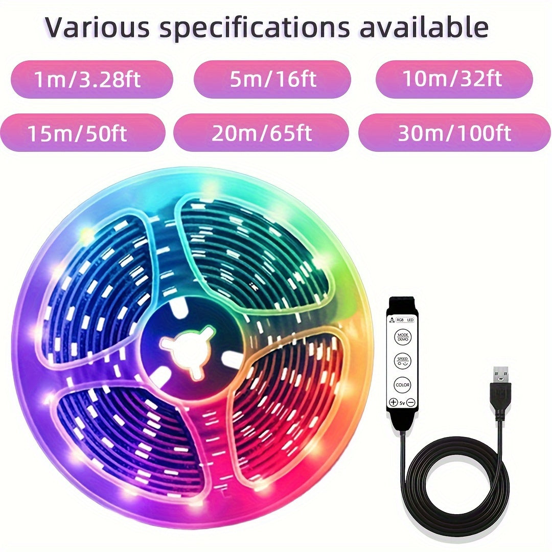 ROUTSEL 99.97 cm - 30.48 meter RGB Smart LED Strip, USB Powered, Bedroom LED Lights, with 3 Buttons for Dimming And Color Changing, Dynamic/Static Modes, Suitable for Home And Room Decoration.