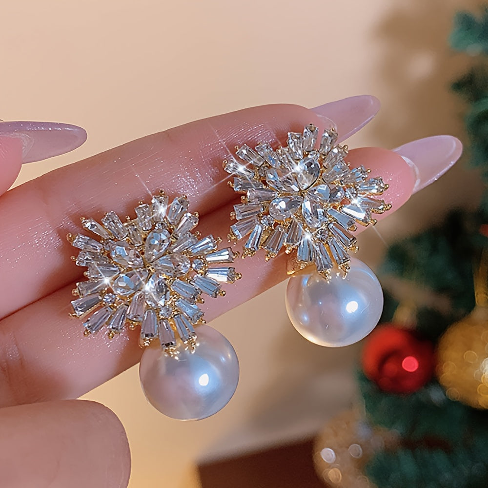 1 Pair of Luxurious Imitation Pearl & Rhinestone Snowflake Earrings - Sparkling, Stainless Steel Posts, Ideal for Summer Parties & Beach Vacations