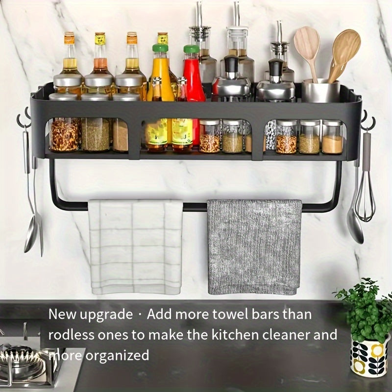 Easy-Install No-Drill Kitchen Storage Rack with Hooks - Multifunctional Wall-Mounted Organizer for Seasonings & Essentials, Durable Plastic, Space-Saving Design