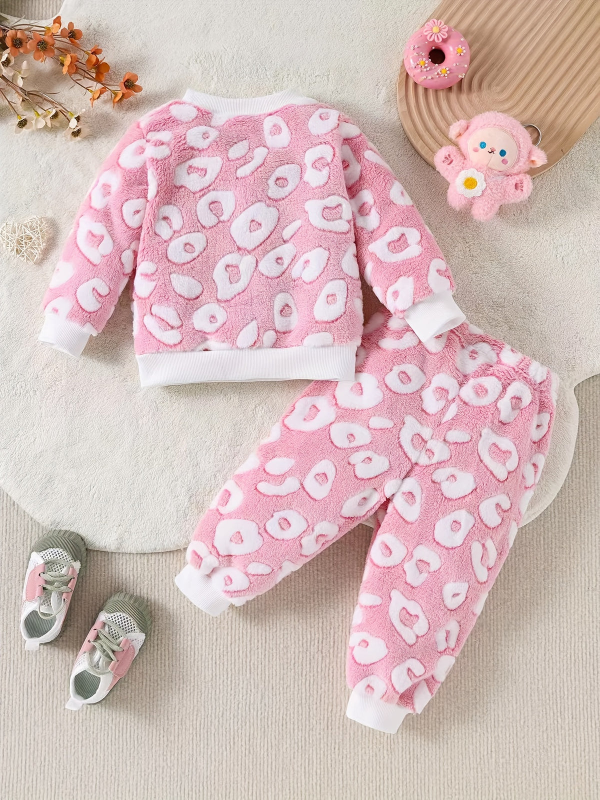 Girls' Pink Circle Pattern 2pcs Set, Fashionable Casual Plush Outfit, Long Sleeve Top & Pants, Spring/Autumn Wear, Stretchy Ribbed Detail, Slim Fit Knit Fabric, Polyester Blend, for Outdoor