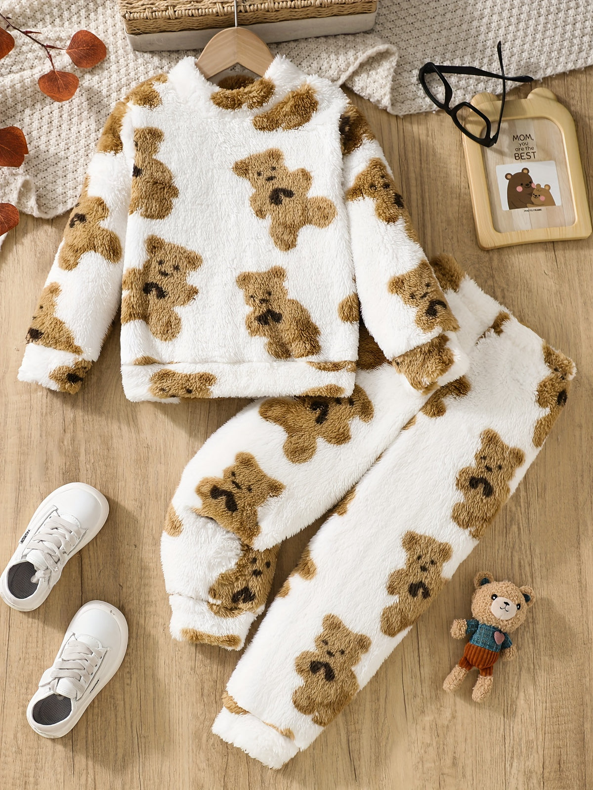 Cozy Cartoon Bear Plush 2pcs Set for Youngsters - Long Sleeve Top & Pants, Machine Washable - Perfect for Fall/Winter, Perfect for Outdoor