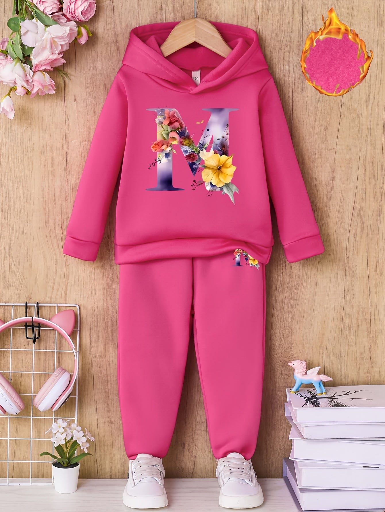 1 Set Kids' Alphabet Print Hoodie and Sweatpants Outfit - 100% Polyester Casual Fall/Winter Wear, Slight Stretch Raglan Long Sleeve Top with Floral Letter & Matching Long Pants, Loose Fit Knit Fabric for Children Under 12 - Ideal for Outdoor Activities