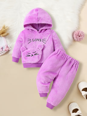 2-piece Baby's LOVE Embroidery Warm Fuzzy Hoodie + Cute Bear Bag + Casual Pants, Toddler & Infant Girl's Outdoor Clothing Set For Fall Winter