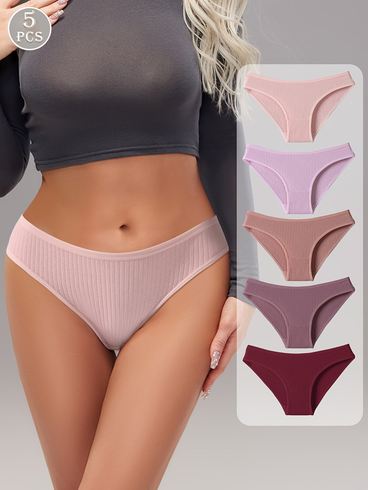 5-Pack Women'S Cotton Ribbed Briefs, Solid Color Elegant Comfort Stretch Underwear, Ladies Panties for Daily Wear, Lounge, Sleepwear, Home Wear - Assorted Colors