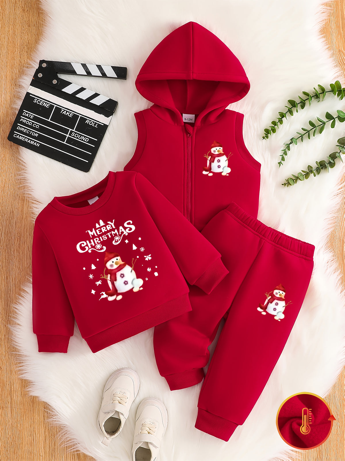 Boys' Cozy Fleece-Lined Christmas Hoodie & Vest Set - Casual Sporty 3pcs Outfit with Zip Detail, Machine Washable, Perfect for Outdoor