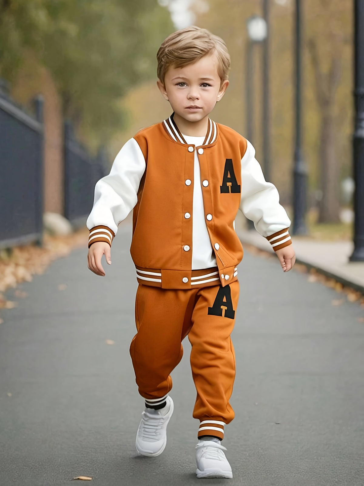 2pcs Boys' Casual Polyester Varsity Jacket and Joggers Set, Crew Neck, Slight Stretch Fabric, Alphabet Print, with Button Details, for Fall/Winter - Knit Polyester 95%, Spandex 5%, for Outdoor