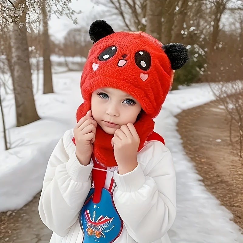 Cozy Youngsters' Cartoon Animal Ear Beanie - Soft, Thick Lined, Hand-Washable Winter Hat with Neck Warmer for Boys & Girls Ages 3-14, for Winter