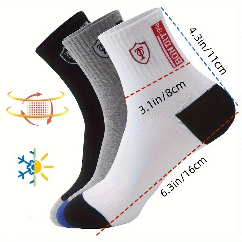 5 Pairs Of Men's Trendy Breathable Crew Socks, Comfy Casual Soft Thermal Socks, Winter & Autumn