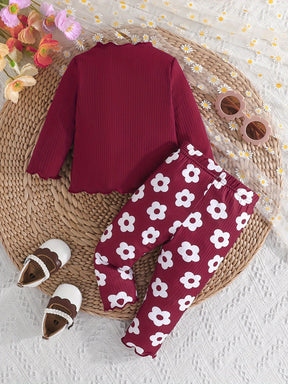 2-piece Baby's Flower Print Ribbed Long Sleeve Top + Casual Pants, Toddler & Infant Girl's Clothing Set Outdoor