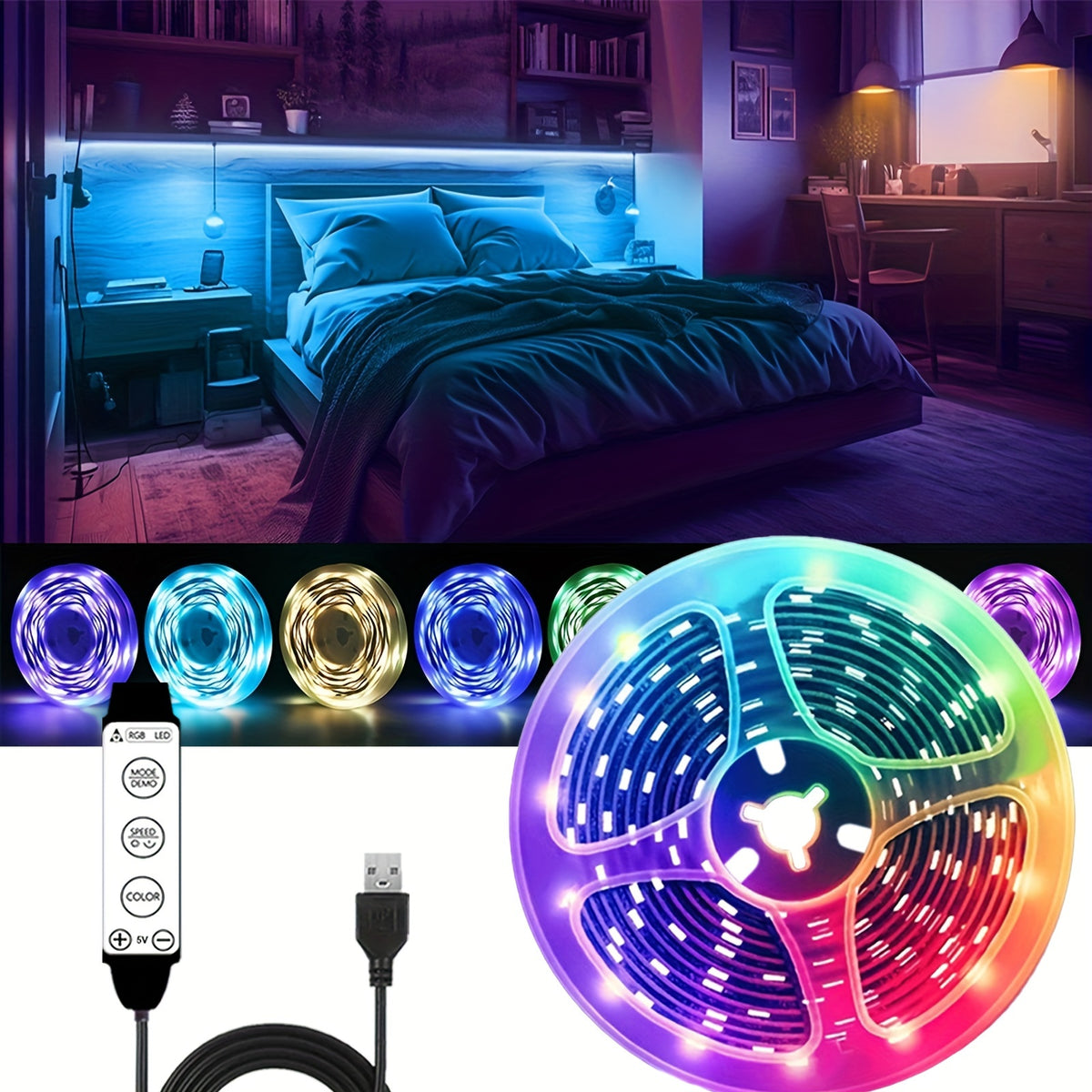 ROUTSEL 99.97 cm - 30.48 meter RGB Smart LED Strip, USB Powered, Bedroom LED Lights, with 3 Buttons for Dimming And Color Changing, Dynamic/Static Modes, Suitable for Home And Room Decoration.