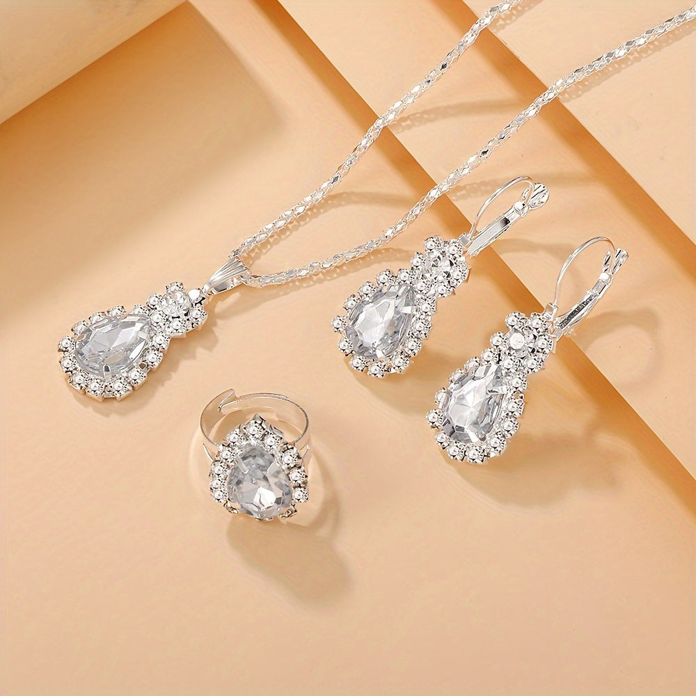 4Pcs/Set Simple And Fashionable Waterdrop Shaped Women's Jewelry Set, Exquisite And Shiny Jewelry Set, 1Pcs Necklace+1Pcs Ring+2Pcs Earrings, Suitable For Daily Or Vacation Use