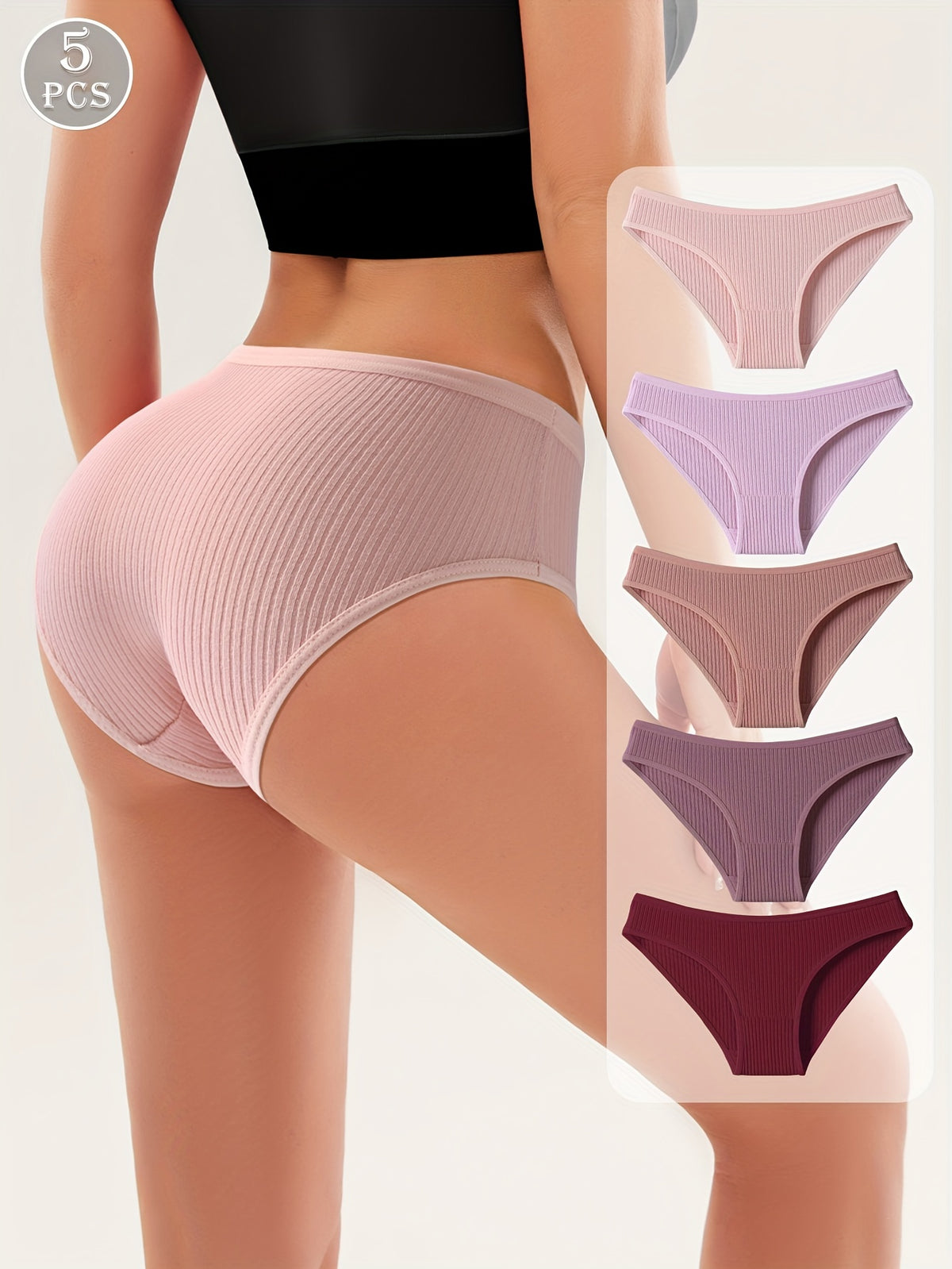 5-Pack Women'S Cotton Ribbed Briefs, Solid Color Elegant Comfort Stretch Underwear, Ladies Panties for Daily Wear, Lounge, Sleepwear, Home Wear - Assorted Colors