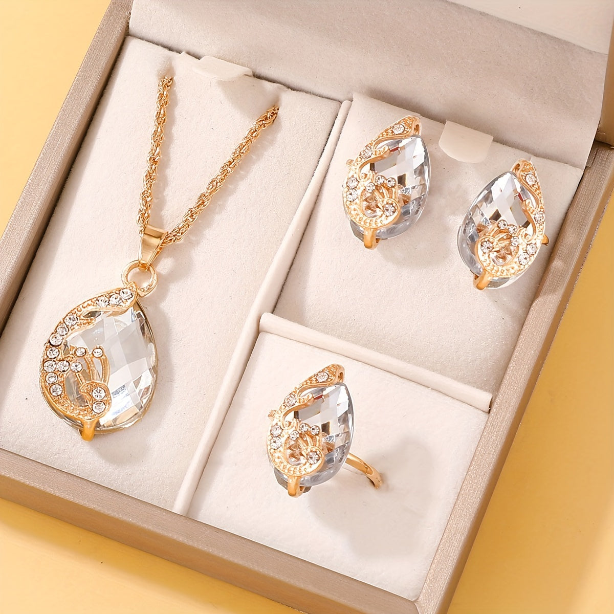 4pcs Elegant Teardrop Glass Rhinestone Jewelry Set for Women, Alloy Necklace and Earrings, Simple Vacation Style, Daily & Gift Occasions, Plastic Mosaic, All-Season Suitable, Campus Holiday Gift